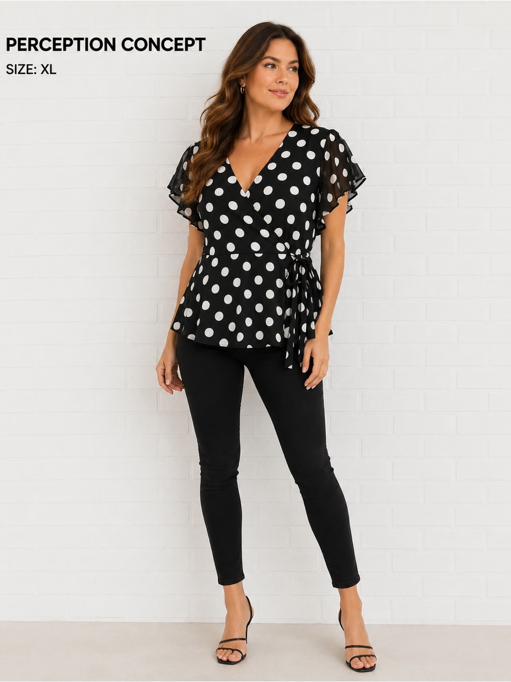 Perseption Concept Polka Dot black and white Wrap Blouse Size XL